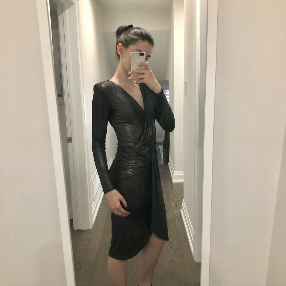 Guess Marciano | Black Metallic Silver Midi Wrap Dress NWOT - Picture 2 of 11